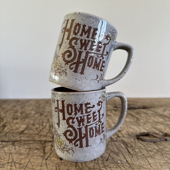Vintage Home Sweet Home Mugs Pair Speckled Pottery Set Made in Japan 70s Country - Picture 1 of 13